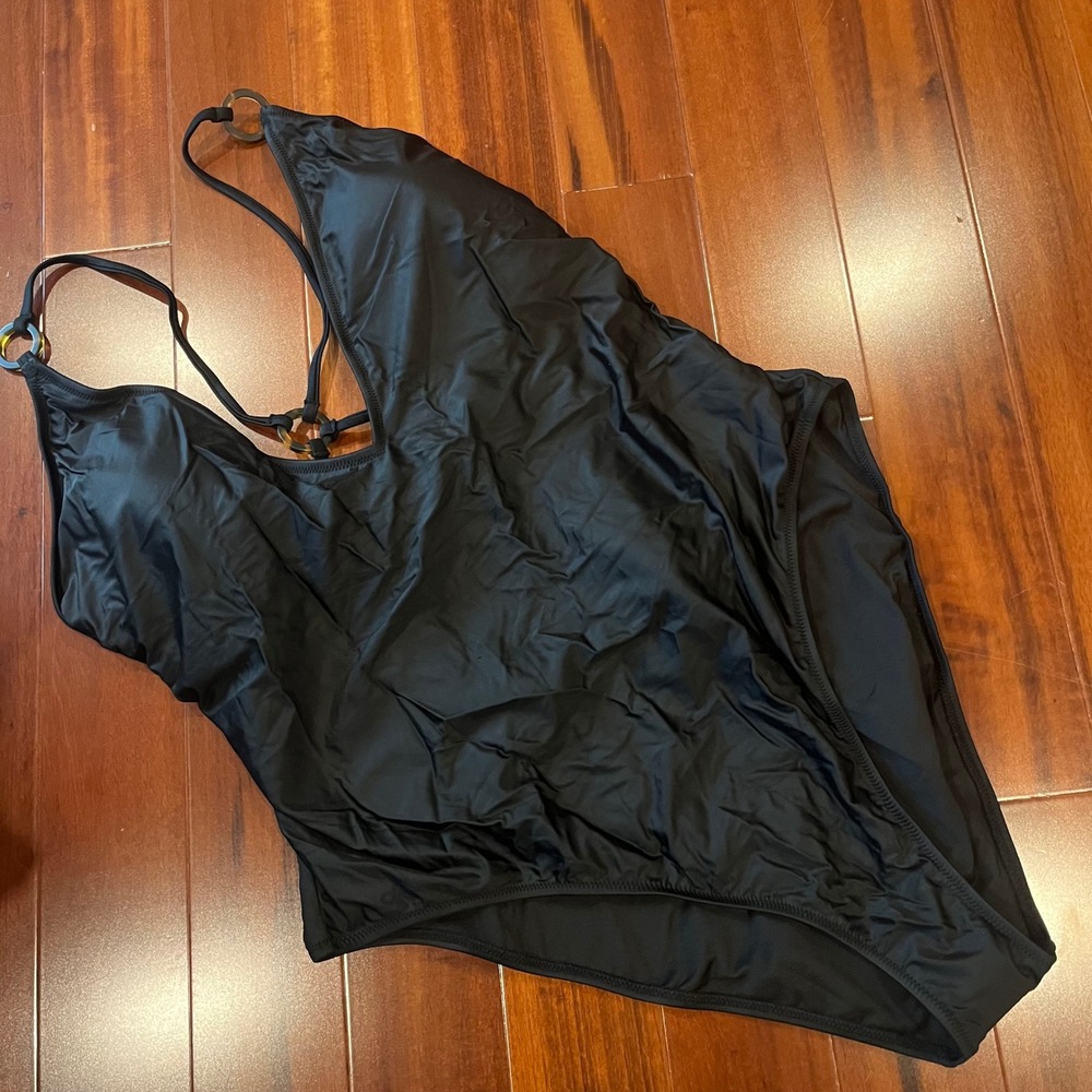 J.Crew Black Swimsuit One Piece O-Ring V-Neck Tie Back BF181 New Plus Size 24